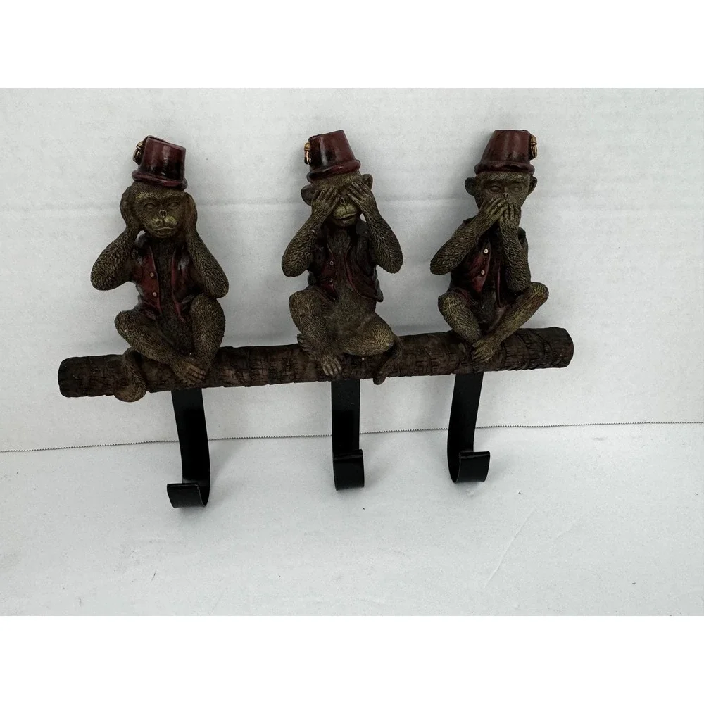 Three Wise Monkeys Wall Coat Rack See Hear Speak No Evil Fez Hat Resin 10.5in